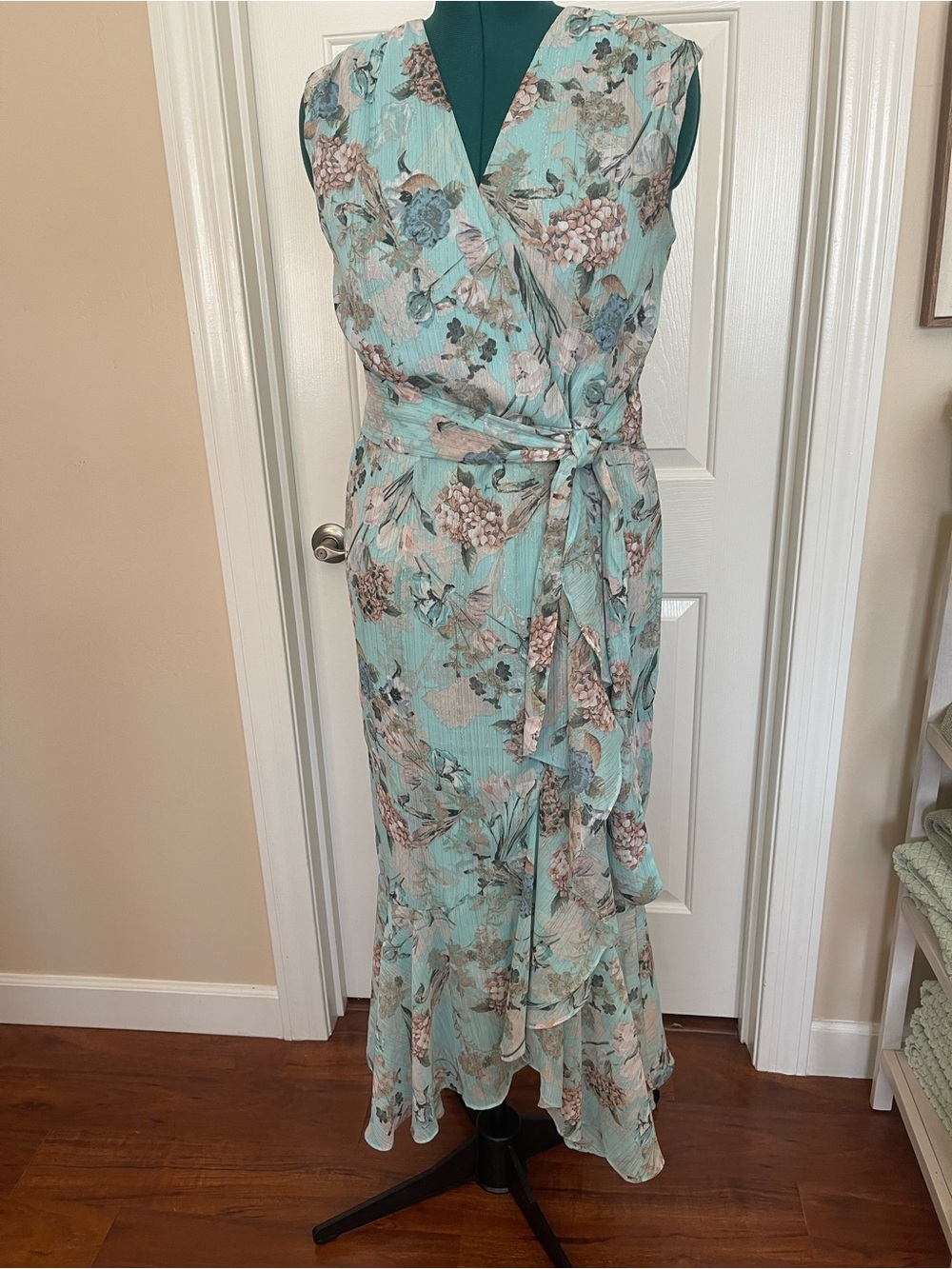 Danny & Nicole Aqua Floral High-Low Wrap Dress - Picture 3 of 16